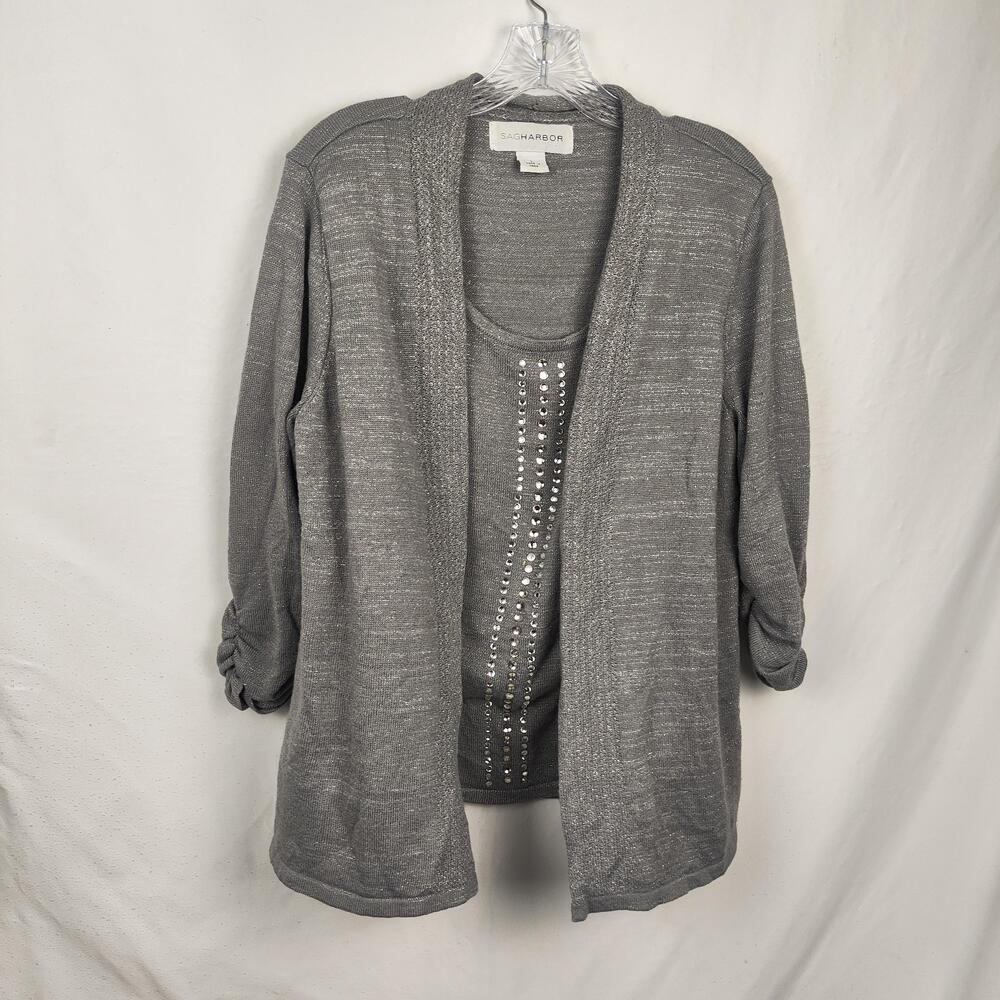 Sag Harbor Sweater Tank Set Womens Large Gray Knit Ruched Sleeve Rhinestone